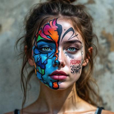 The primary subject of the image is a woman with a face painted in a colorful design, featuring a mix of blue, red, and orange colors. She is wearing a black tank top and has her hair in a ponytail. The setting is a brick wall, which serves as the backdrop for the woman's artistic expression. The visual style of the image is a combination of digital art and illustration, showcasing the creativity and skill of the artist who painted the woman's face. The overall atmosphere of